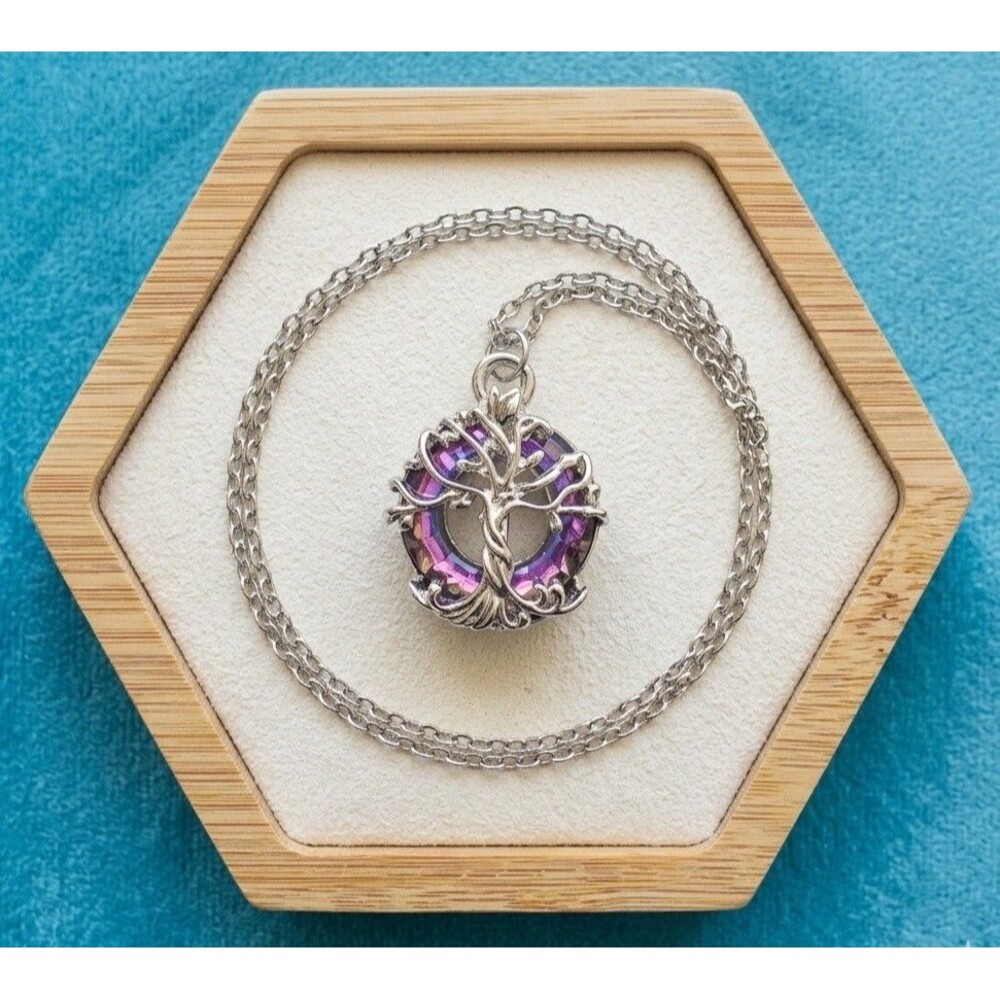 Vintage Tree of Life Pendant Necklace Purple Crystal Silver Tone Link Chain 16in